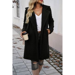 Fuzzy Fleece Hooded Button Lapel Knee-Length Coat