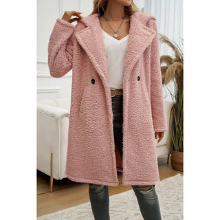 Fuzzy Fleece Hooded Button Lapel Knee Long Coat