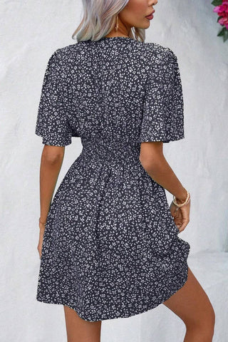 CWDSD7524_SUMMER V-NECK HIGH WAIST FLORAL PLEATED DRESS