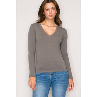 V Neck LonV-Neck Long Sleeve Cotton Knit Tee