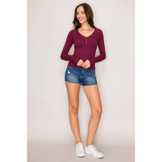 Raglan Long Sleeve V-Neck Top with Picot Stitch