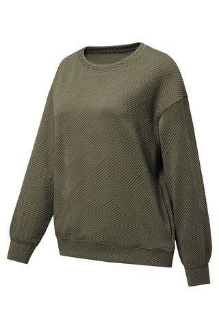 Solid Color Textured Round Neck Drop Shoulder Pullover Sweatshirt