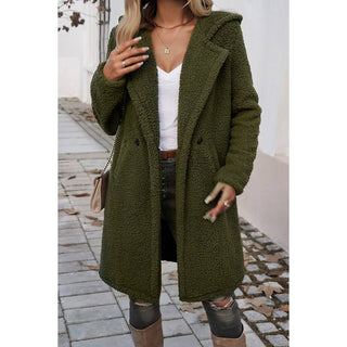 Fuzzy Fleece Hooded Button Lapel Knee-Length Coat