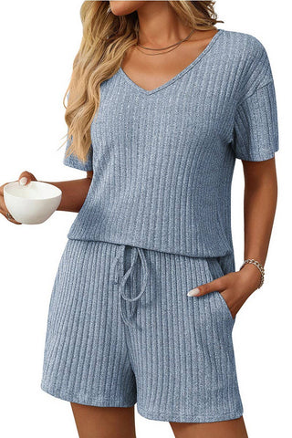 Solid Color Striped Short-Sleeved Home Wear Suit