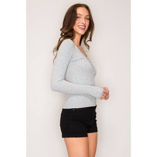 Raglan Long Sleeve V-Neck Top with Picot Stitch