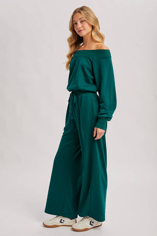 WIDE NECK OFF THE SHOULDER KNIT JUMPSUIT (HUNTER GREEN)