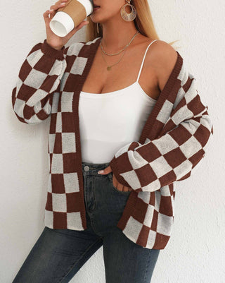 Plaid Colorblock Open Cardigan Sweater Cozy Casual Layer