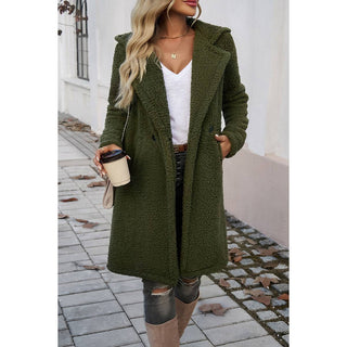 Fuzzy Fleece Hooded Button Lapel Knee Long Coat