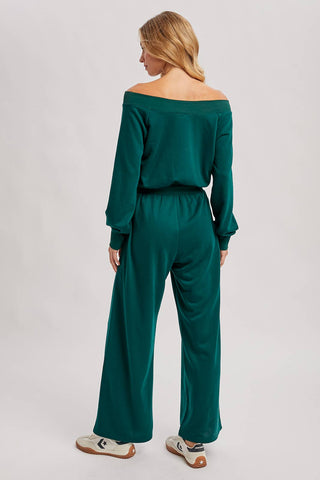 WIDE NECK OFF THE SHOULDER KNIT JUMPSUIT (HUNTER GREEN)