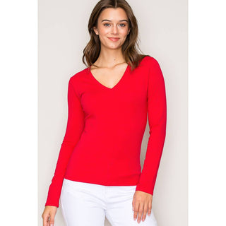 V Neck LonV-Neck Long Sleeve Cotton Knit Tee