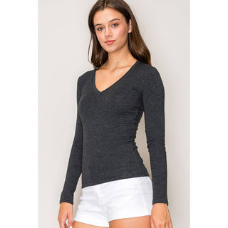 V Neck LonV-Neck Long Sleeve Cotton Knit Tee