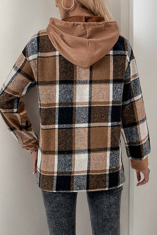 Long-Sleeved Plaid Colorblock Hooded Sweatshirt