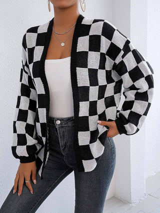 Plaid Colorblock Open Cardigan Sweater Cozy Casual Layer