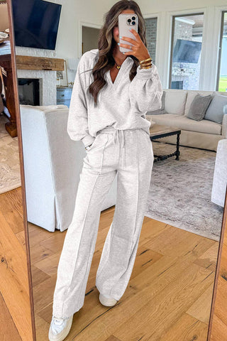 Polo Collar V Neck Pullover and Drawstring Sweatpants Matching Set