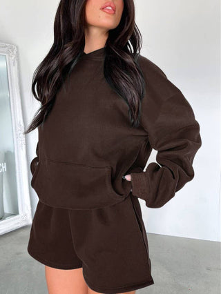 Basic Pocket Hoodie & Drawstring Short Set: Apricot