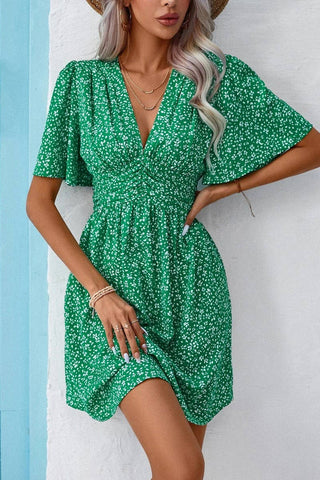CWDSD7524_SUMMER V-NECK HIGH WAIST FLORAL PLEATED DRESS