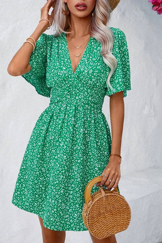CWDSD7524_SUMMER V-NECK HIGH WAIST FLORAL PLEATED DRESS