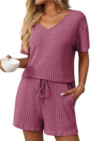 Solid Color Striped Short-Sleeved Home Wear Suit