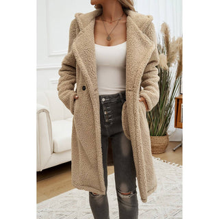 Fuzzy Fleece Hooded Button Lapel Knee Long Coat