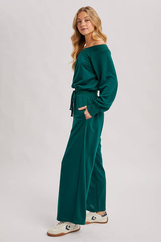 WIDE NECK OFF THE SHOULDER KNIT JUMPSUIT (HUNTER GREEN)