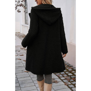 Fuzzy Fleece Hooded Button Lapel Knee Long Coat
