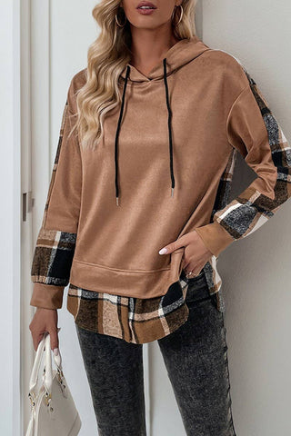Long-Sleeved Plaid Colorblock Hooded Sweatshirt