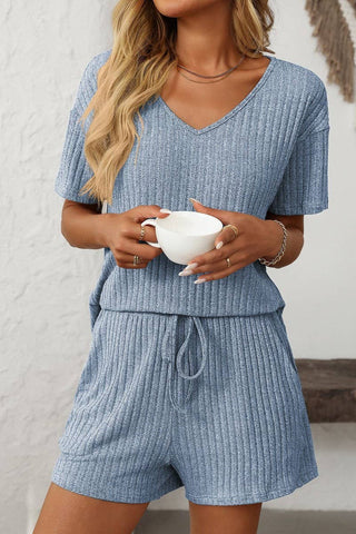 Solid Color Striped Short-Sleeved Home Wear Suit