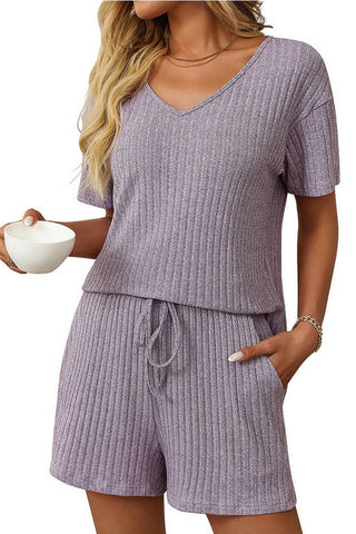 Solid Color Striped Short-Sleeved Home Wear Suit