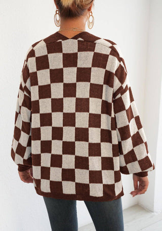 Plaid Colorblock Open Cardigan Sweater Cozy Casual Layer