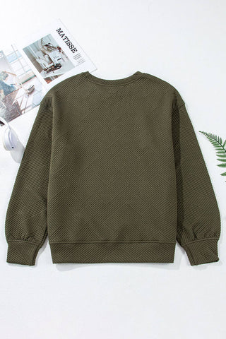 Solid Color Textured Round Neck Drop Shoulder Pullover Sweatshirt