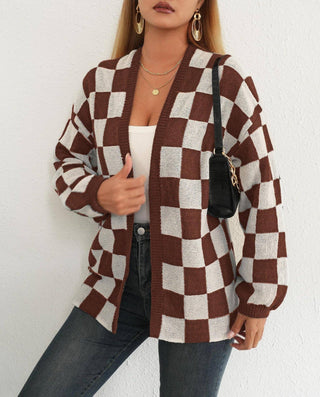 Plaid Colorblock Open Cardigan Sweater Cozy Casual Layer