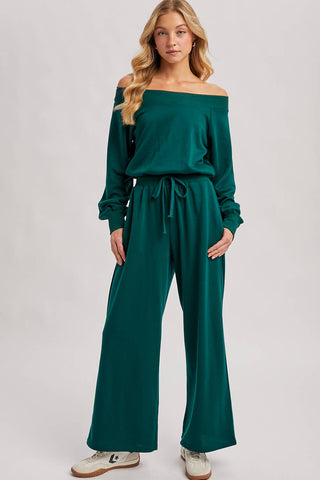 WIDE NECK OFF THE SHOULDER KNIT JUMPSUIT (HUNTER GREEN)