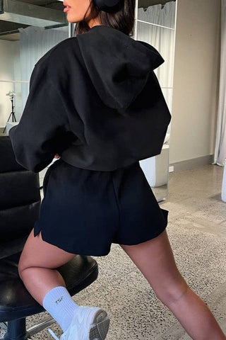 Basic Pocket Hoodie & Drawstring Short Set: Apricot