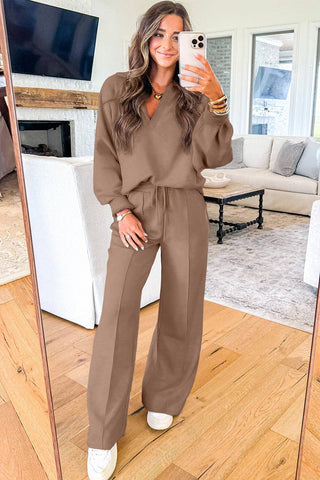 Polo Collar V Neck Pullover and Drawstring Sweatpants Matching Set