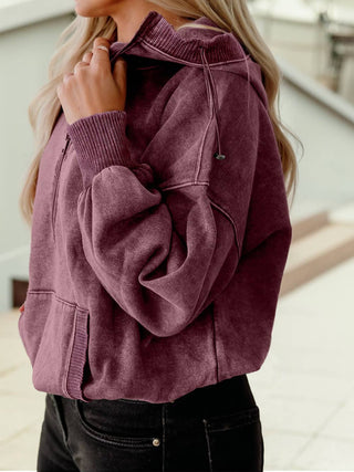 Half-Zip Mineral Wash Baggy Hoodie with Kangaroo Pocket