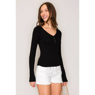 Raglan Long Sleeve V-Neck Top with Picot Stitch
