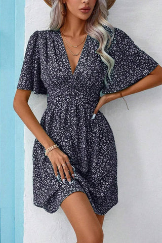 CWDSD7524_SUMMER V-NECK HIGH WAIST FLORAL PLEATED DRESS