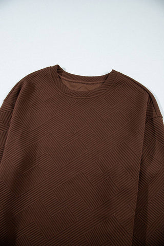 Solid Color Textured Round Neck Drop Shoulder Pullover Sweatshirt