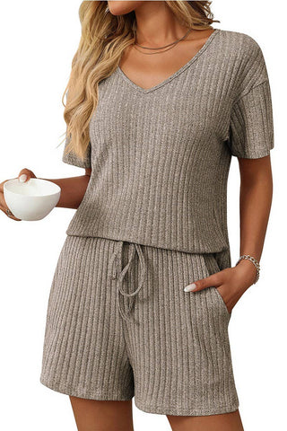 Solid Color Striped Short-Sleeved Home Wear Suit