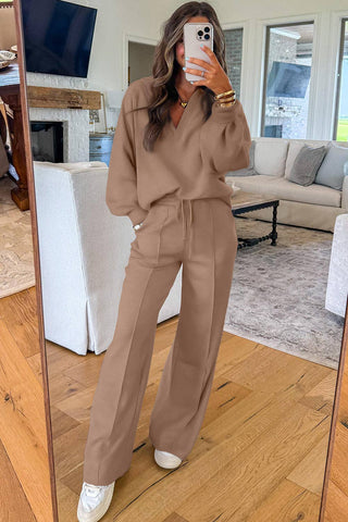 Polo Collar V Neck Pullover and Drawstring Sweatpants Matching Set