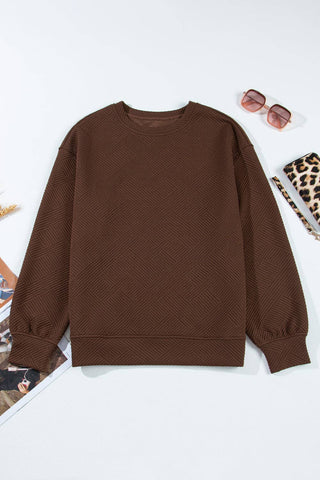 Solid Color Textured Round Neck Drop Shoulder Pullover Sweatshirt