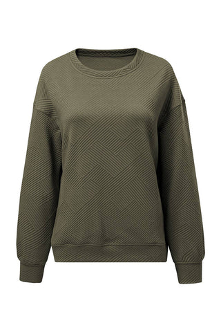 Solid Color Textured Round Neck Drop Shoulder Pullover Sweatshirt