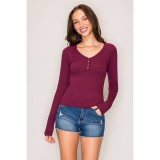 Raglan Long Sleeve V-Neck Top with Picot Stitch