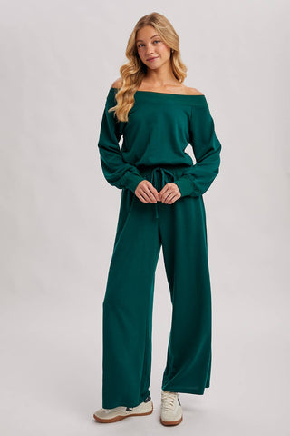 WIDE NECK OFF THE SHOULDER KNIT JUMPSUIT (HUNTER GREEN)