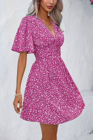 CWDSD7524_SUMMER V-NECK HIGH WAIST FLORAL PLEATED DRESS