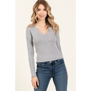 V Neck LonV-Neck Long Sleeve Cotton Knit Tee