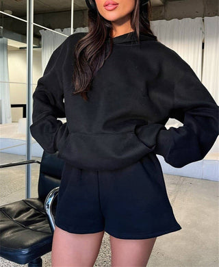 Basic Pocket Hoodie & Drawstring Short Set: Apricot