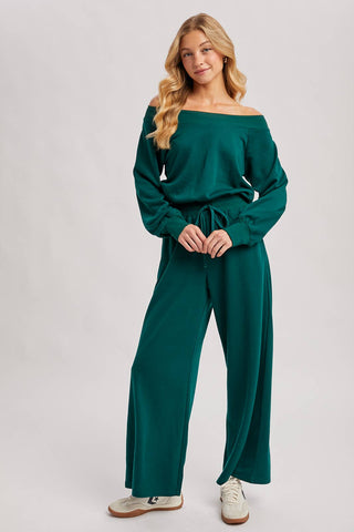 WIDE NECK OFF THE SHOULDER KNIT JUMPSUIT (HUNTER GREEN)