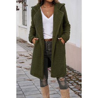 Fuzzy Fleece Hooded Button Lapel Knee Long Coat