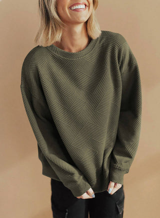 Solid Color Textured Round Neck Drop Shoulder Pullover Sweatshirt